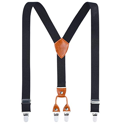 Kids Child Men Boy Suspenders - Adjustable Elastic Solid Color 4 Strong Clips Braces