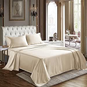 CozyLux Satin Sheets Queen Size - 4 Piece Champagne Bed Sheet Set with Silky Microfiber, 1 Deep Pocket Fitted Sheet, 1 Flat Sheet, and 2 Pillowcases - Smooth and Soft