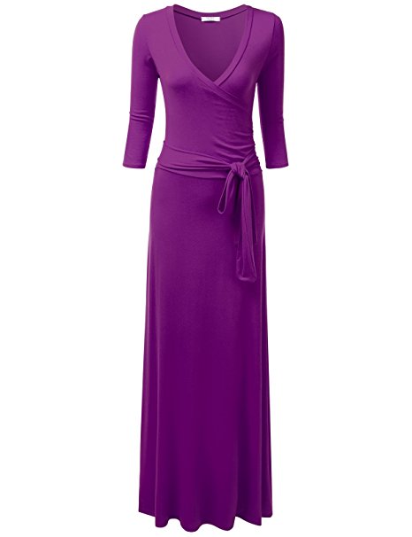 NINEXIS Women's V-Neck 3/4 Sleeve Waist Wrap Front Maxi Dress