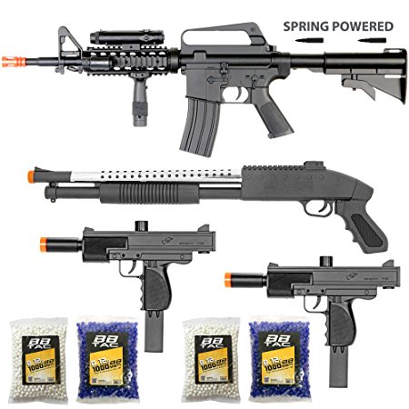 BBTac Airsoft Gun Package - The Operator - Collection of 4 Airsoft Guns - Powerful Spring Rifle, Shotgun, Two SMG, 4000 BB Pellets, Great for Starter Pack Game Play