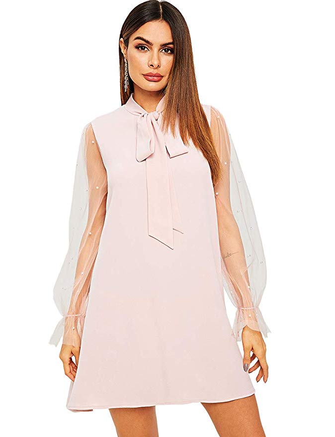 Romwe Women's Mesh Long Sleeve Bow Tie Neck Summer Loose Chiffon Dress