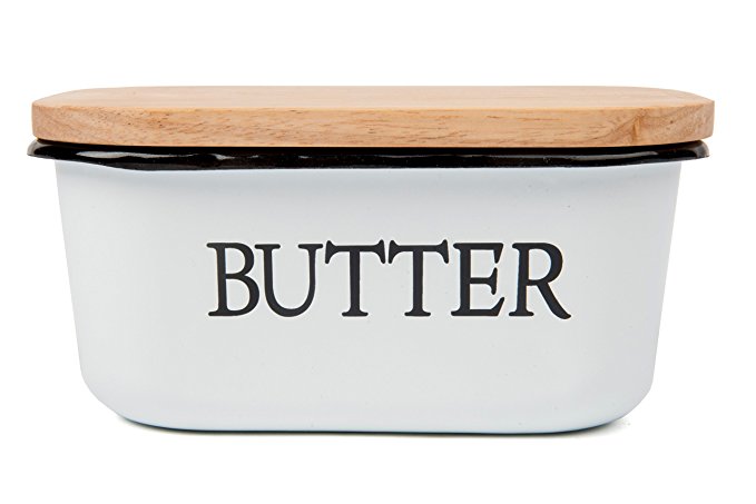 Farmhouse style Enamel Butter Dish / Boat with Wooden lid. Holds 1.5 LBS of butter! Classic Black and White   10 Free Butter Recipes!