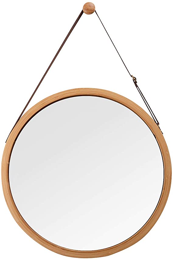 Hanging Round Wall Mirror in Bathroom & Bedroom - Solid Bamboo Frame & Adjustable Leather Strap, Makeup Dressing Home Decor (Bamboo Natural, 15")