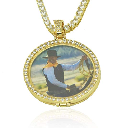 Dream Fly Personalized Photo Necklace Custom Photo Pendant Personalized Locket Necklace Gold Silver Hip Hop Jewelry with Cubic Zirconia for Men and Women, 18in, 20in, 24in and 30in Chain Length