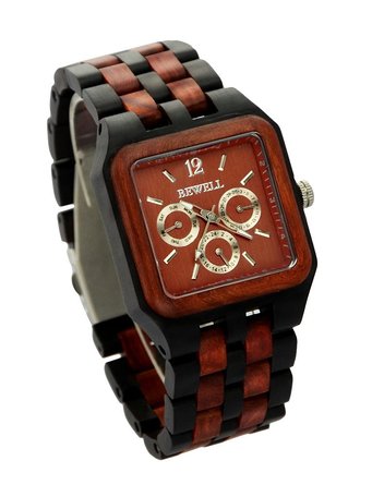 Ideashop Men's Square Date Time Week 24 Hours Black and Red Wood Watch Luxury QUARTZ Wood Watch Gift for Men