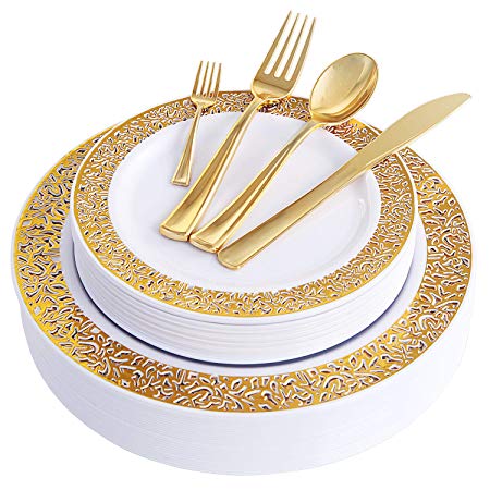 WDF 150PCS Gold Plastic Plates with Disposable Plastic Silverware,Lace Design Plastic Tableware sets include 25 Dinner Plates,25 Salad Plates,25 Forks, 25 Knives, 25 Spoons/Bonus 25 Mini Forks