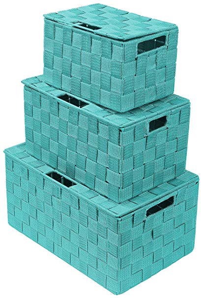 Sorbus Storage Box Woven Basket Bin Container Tote Cube Organizer Set Stackable Storage Basket Woven Strap Shelf Organizer Built-in Carry Handles (Aqua)