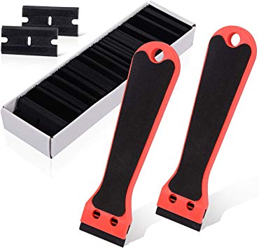 Ehdis 2 Plastic Mini Razor Scraper 6-inch Long Handle EVA Foam with 100 Double-Edge Blades for Window Tint Vinyl Decal Sticker Remove