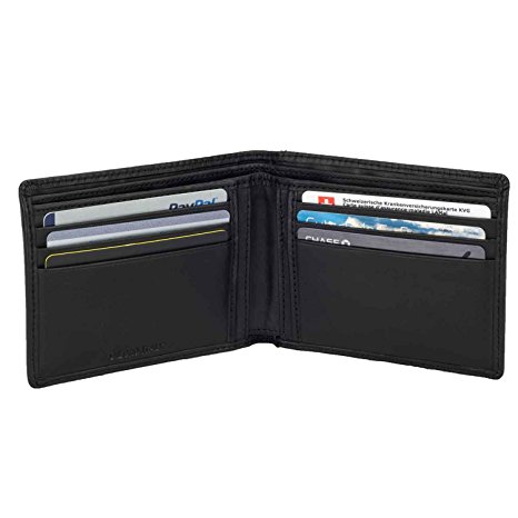 Mens Leather Wallet Slim Bifold RFID Blocking Technology in Black with a Back Slip Pocket Genuine Full Grain Nappa by DiLoro Italy 2402-BK