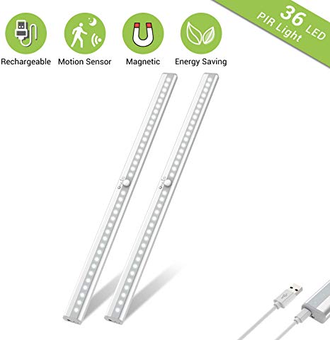 Wireless Under Cabinet Lighting, OxyLED 36 LED Motion Sensor Closet Lights, USB Rechargeable LED Kitchen Cabinet Lights, Motion Led Light Bar with Magnetic Strip, T-02Plus (2 Pack)