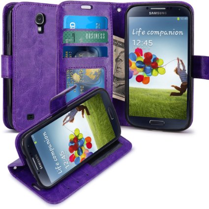 S4 Case LK Kickstand Feature S4 Wallet Case Luxury PU Leather Wallet Case Flip Cover Built-in Card Slots Stand For Samsung Galaxy S4 PURPLE