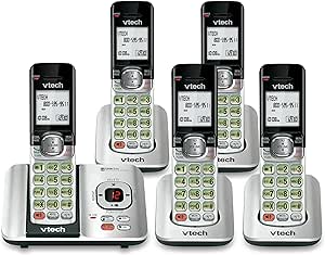 VTech CS6529-5 5-Handset DECT 6.0 Cordless Phone with Answering System, Caller ID/Call Waiting, Wall-Mountable, LCD Screen, Handset Speakerphone (Silver/Black)