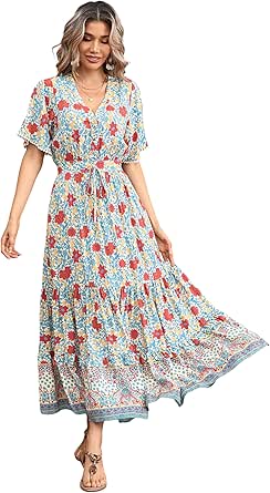 R.Vivimos Womens Summer Cotton Short Sleeve V Neck Floral Print Casual Bohemian Midi Dresses