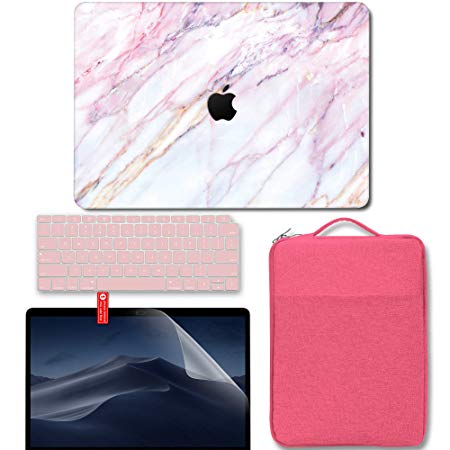 GMYLE MacBook Air 13 Inch Case A1932 2018 Compatible Touch ID Retina Display Bundle, Logo Cutout Hard Shell, Carrying Sleeve, Screen Protector, Keyboard Cover Set – Pink Marble