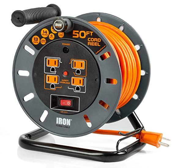 50 Ft Extension Cord Reel with 4 Electrical Power Outlets - 14/3 SJTW Heavy Duty Orange Cable