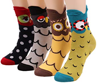 4 Pairs Womens Cute Animals Owls Patterned Funny Novelty Cotton Crew Socks W101