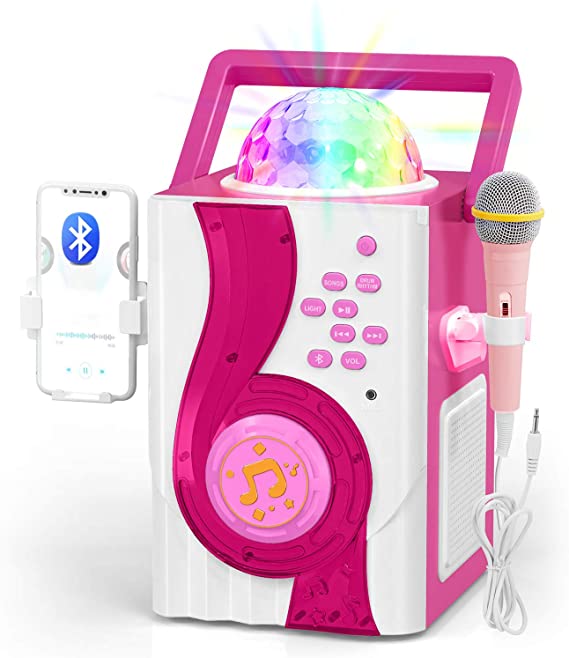 IROO Kids Karaoke Machine Toy, Wireless Bluetooth Speaker with Microphone and Controllable LED Lights, Portable Speaker Christmas Birthday Home Party for Android/iPhone/PC or All Smartphone (Pink)