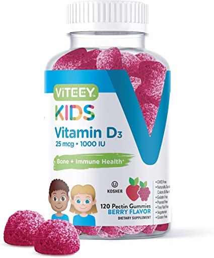 [120 Count] Vitamin D3 Gummies 25mcg 1000 IU Formulated for Kids - Bone Health, Immune Health, Joint Muscle Support - Dietary Supplement, Gelatin Free, Pectin Based - Berry Flavors Chewable Gummy