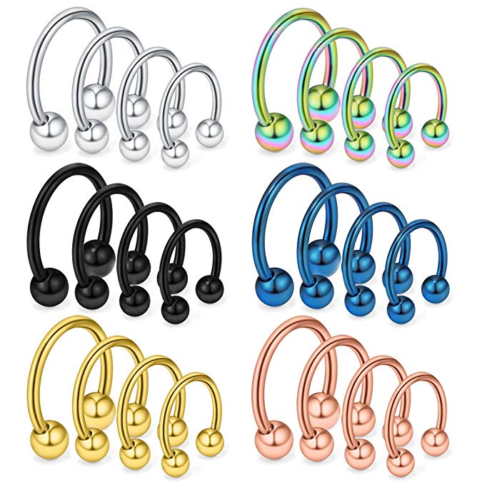 Ruifan 24PCS 16G 14G 12G Surgical Steel Nose Septum Horseshoe Earring Eyebrow Tongue Lip Nipple Helix Tragus Piercing Rings 6-16mm