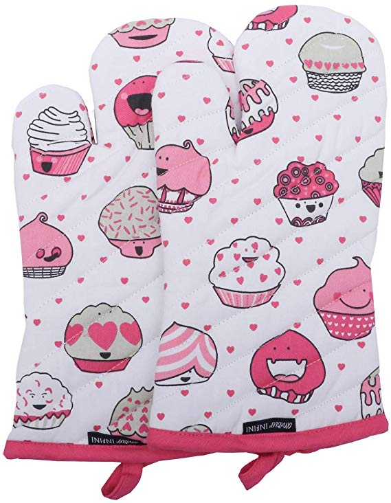 CASA DECORS Oven Mitts, Valentine Cup Cakes Design, Oven Mitts Heat Resistant, Made of 100% Cotton, Eco-Friendly & Safe, Set of 2, Size 7 x 13 Inches, Machine Washable, Kitchen Oven Mitts