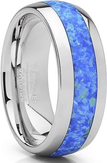 Metal Masters Co. Tungsten Carbide Wedding Band Dome Ring with Blue Green Simulated Opal Inlay 8mm