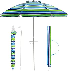 COSTWAY Parasol de Plage Ø198 CM Inclinable, Protection UV 50  avec Bouton Poussoir, Rond Pliable à 8 Baleines en Fibre de Verre avec Sac de Transport pour Patio, Piscine (Bande Bleu-Vert)