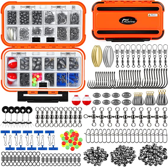 PLUSINNO 253/108pcs Fishing Accessories Kit, Fishing Tackle Box with Tackle Included, Fishing Hooks, Fishing Weights, Spinner Blade, Fishing Gear for Bass, Bluegill, Crappie