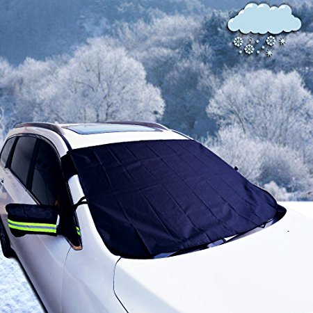 iZoeL Car Windscreen Cover Windshield Cover, Sunshade Ice and Frost Guard, Fits SUV Truck Car, With Side Wing Mirror Cover & Reflective Warning Bar & S-Hooks Cords (Black for standard car)