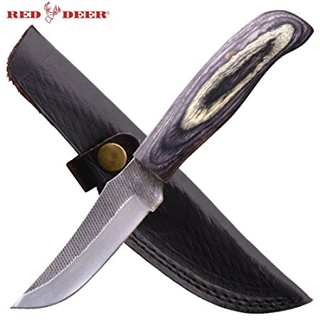 Red Deer Hunting Knife High Carbon Steel Old File Knife with Leather Sheath (Gray Wood Handle)