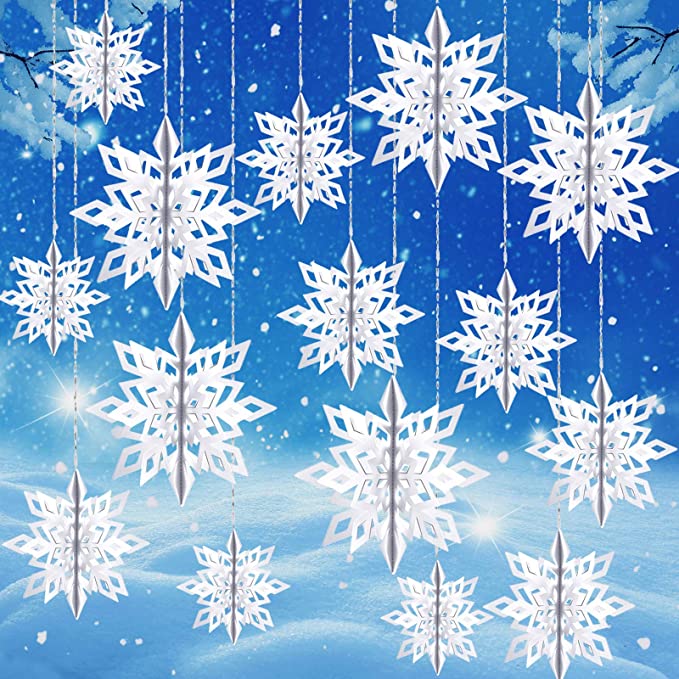 Tatuo 30 Pieces 3D Snowflake Ornaments Paper Hanging Snowflake in 3 Sizes with Rope for Christmas Decorations Xmas Tree Hanging Embellishing (White)