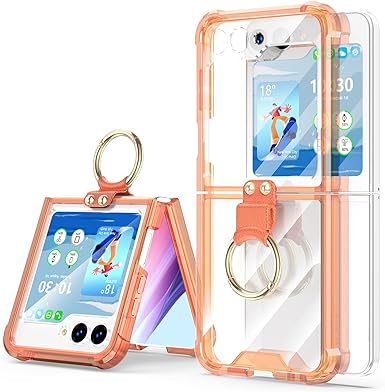 Designed for Samsung Galaxy Z Flip 5 Case Clear with Ring, Anti-Fall Shockproof Protective Phone Cover Case Compatible with Galaxy Z Flip 5 Case 5 G 2023 (Clear Orange)
