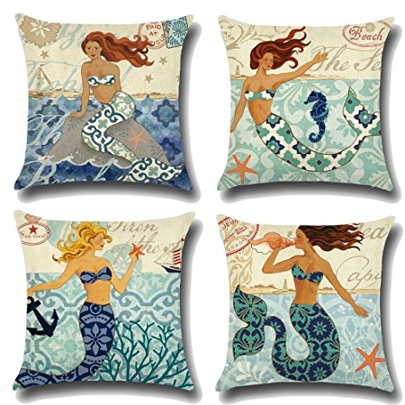 Ocean Theme Throw Pillow Case U-LOVE Mediterranean Style Cotton Linen Mermaid Square Cushion Covers for 18 X 18 Inch Pillow Inserts,4 pack