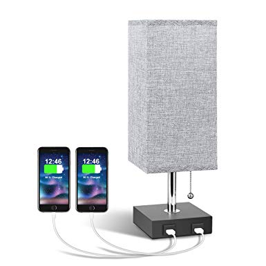 USB Bedside Table Lamp, Aooshine Modern Table & Desk Lamp with 2 Useful USB Quick Charging Port, Grey Square Fabric Shade & Nightstand Lamp Perfect for Bedroom, Living Room or Office