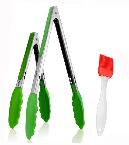 iNeibo Kitchen Premium Silicone Tongs - Size 9" & 12" - Non-slip & Easy Grip Stainless Steel Handle - Smart Automatic Locking Clip - Heat Resistant, Food Grade - Handy Utensil For Cooking, Serving, Barbecue, Buffet, Salad, Ice, Oven (9" 12", Green)