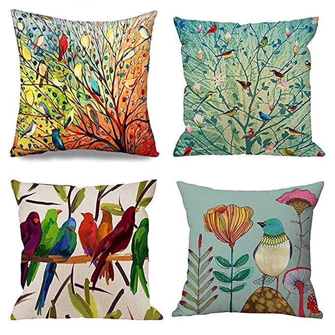 Emvency Set of 4 Throw Pillow Covers of Birds Tree Life and Green Oil Painting Hundreds Bird Decorative Pillow Cases Home Decor Square 20x20 Inches Pillowcases