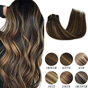 Labeh 7pcs 120g 100% Real Remy Human Hair Clip in Extensions Natural Black Highlighted Light Brown Balayage Clip in Hair Extensions 24inch