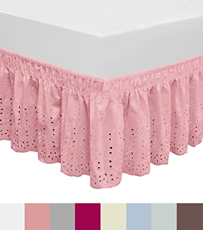 QSY Home Wrap Around Elastic Eyelet Bed Skirts Dust Ruffle Three Fabric Sides Easy On/Easy Off Adjustable Polyester Cotton 14 1/2 Inches Drop(Pink Queen/King)