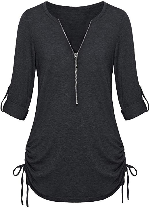 Ulrico1 Womens Casual Pullover 3/4 Sleeves Zipper Sweater Shirring Blouse Henley Shirt