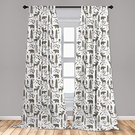 Ambesonne Northwoods Curtains, Forest Elements with Bear Moose Trees and Mountains Wildlife Nature Theme, Window Treatments 2 Panel Set for Living Room Bedroom Decor, 56" x 84", Taupe White