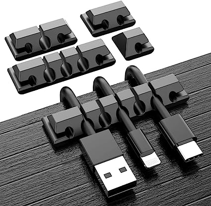 URAQT Cable Clips, 5 Pack Cable Tidy Clips Holder Clips Silicone Self Adhesive Cord Organiser Clips, USB Charging Cable Holder System Cable Management for Home, Office, Car and Desk (Black)