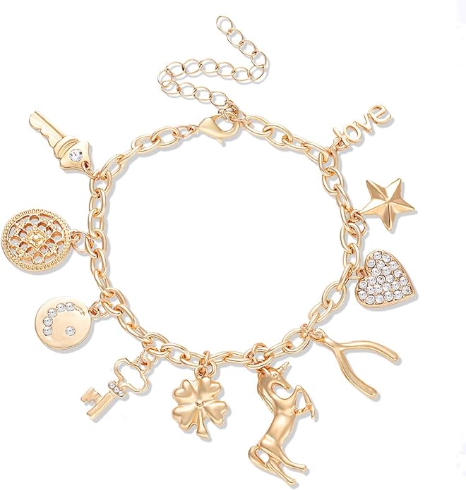 CEALXHENY Women’s Link Charm Bracelet Unicorn Butterfly Star Heart Pendant Charms Bracelet Bangles for Girls