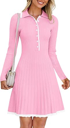 MEROKEETY Women's Long Sleeve V Neck Sweater Dress 2024 Fall Button Ribbed Knit Pleated Mini Dresses