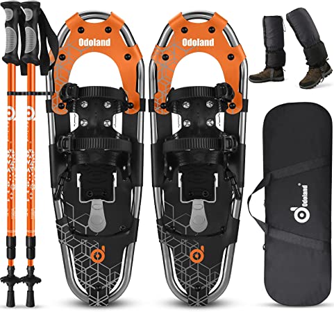 Odoland 4-in-1 Snowshoes for Men Women Youth Kids with Trekking Poles, Waterproof Snow Leg Gaiters and Carrying Tote Bag, Lightweight Snow Shoes Easy to Wear Aluminum Alloy, Size 21''/25''/30''