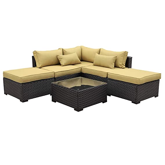 Rattaner Outdoor Wicker Sofa Set- 6 Piece Patio Garden Sectional PE Rattan Furniture with Olive Green Cushion