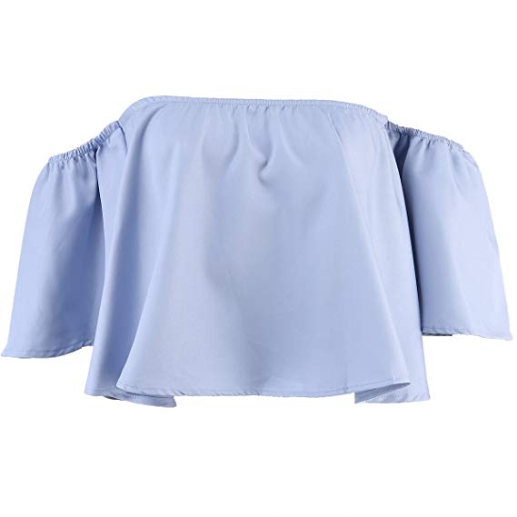 Lady Women Shoulderless Sexy Flare Sleeve Tank Tops Off Shoulder T-shirt(S, Light Blue)