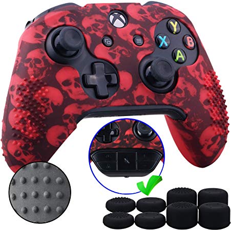 9CDeer Studded Protective Customize Transfer Printing Silicone Cover Skin Sleeve Case   8 Thumb Grips Analog Caps for Xbox One/S/X Controller Skull Red Compatible with Official Stereo Headset