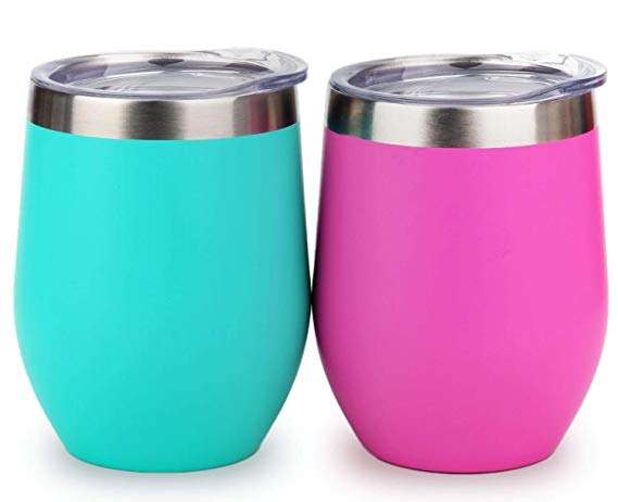 Insulated Wine Tumbler with Lid (Teal & Magenta 2 pack), Stemless Stainless Steel Insulated Wine Glass 12oz, Double Wall Durable Coffee Mug, for Champaign, Cocktail, Beer, Office use, by SUNWILL
