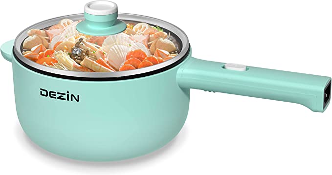 Dezin Electric Hot Pot, 1.8L Non-Stick Sauté Pan, Rapid Noodles Cooker, Mini Pot for Steak, Egg, Fried Rice, Ramen, Oatmeal, Soup with Power Adjustment, College Dorm Room Essential(Egg Rack Included)