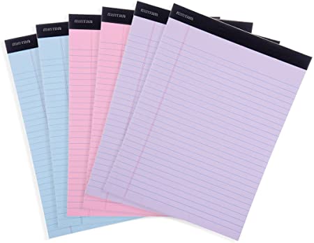 Mintra Office Legal Pads - ((BASIC PASTEL 6pk, 8.5in x 11in, WIDE RULED)) - 50 Sheets per Notepad, Micro perforated Writing Pad, Notebook Paper for School, College, Office, Business