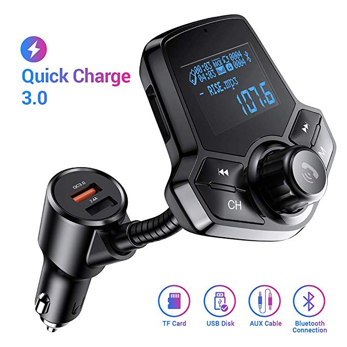 Bluetooth FM Transmitter for Car, Ainope Fm Transmitter Bluetooth V4.2 Wireless Bluetooth Car Radio Hands-Free，QC3.0 Fast Charge Car Adapter with 1.44" Display for AUX Input/Output, TF Card and U Disk